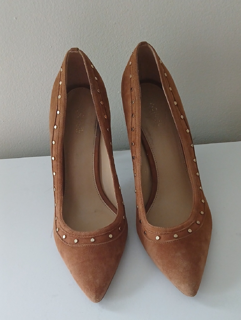 Michael Kors Tan Suede Pointed Toe Pumps with Gold Studs